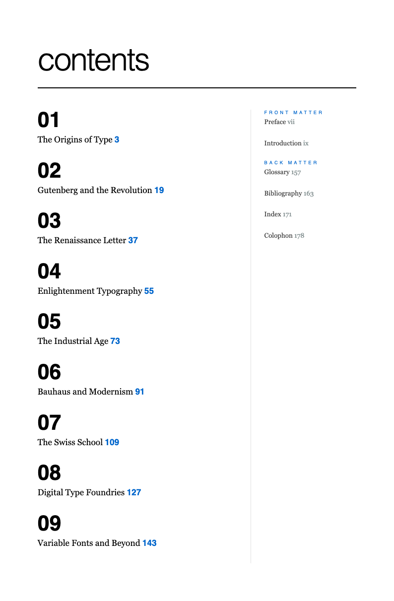 Typographic only book table of contents